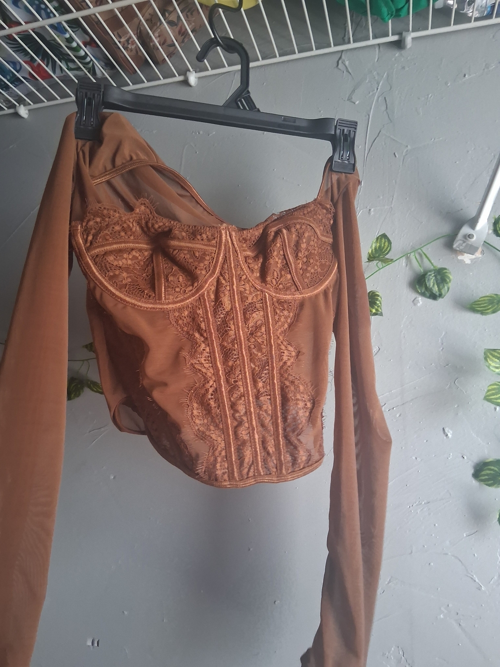 Brown Lace Corset Long-Sleeve Top - Women